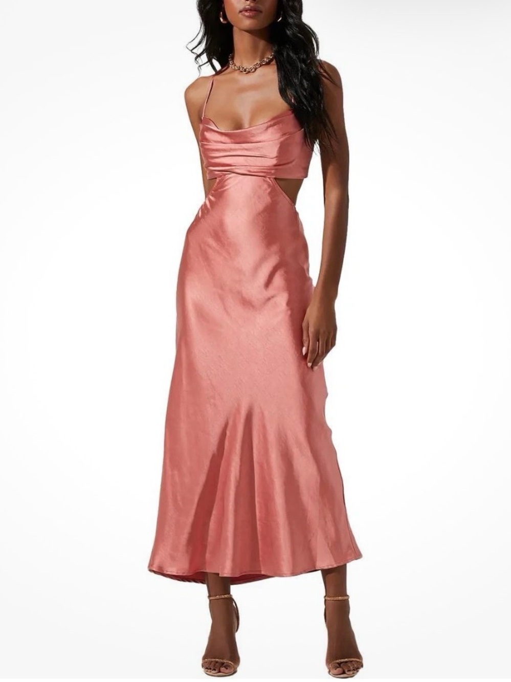 Astr Satin Cowl Cutout Midi Dress